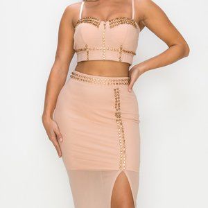 Women's Studded Stone cami Top & Slit Mini Skirt Set